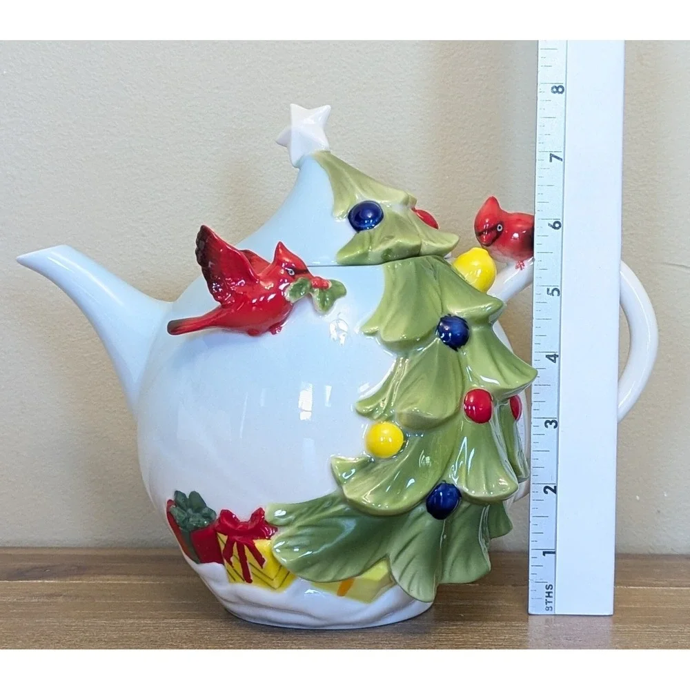Pier 1 Imports Christmas Tree Teapot Porcelain Cardinal Hand Painted w/Box
